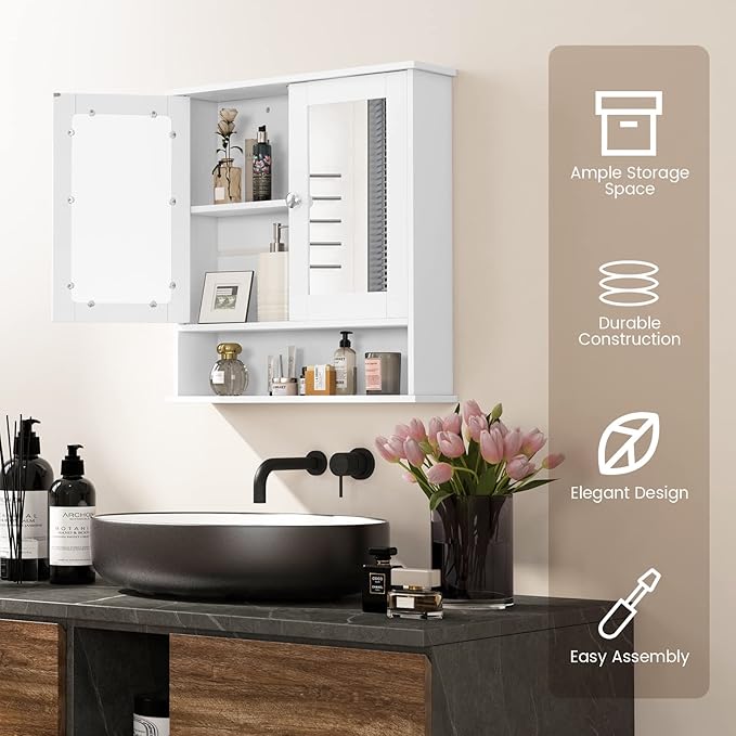 COSTWAY Bathroom Cabinet Wall Mount, Wooden Medicine Cabinet with 2 Mirror Doors, Adjustable Shelf, Open Compartment, for Laundry, Living Room, Kitchen, White