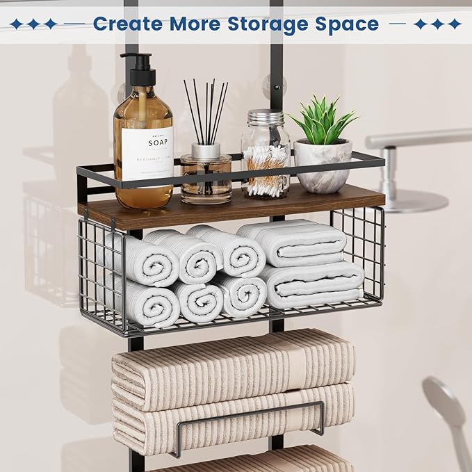 Aetyord Towel Racks for Bathroom Over The Door Towel Racks Towel Storage Organizer with Metal Shelf Basket for Bathroom Rv Camper (7-Tier Black with Brown Plank)