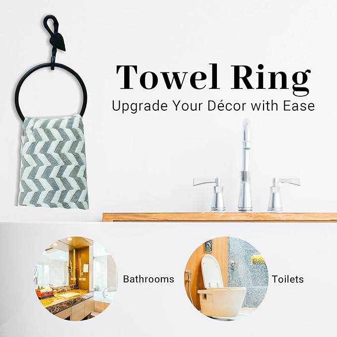 The Metal Magician Round Hand Towel Holder for Bathroom Wall - Kitchen Towel Ring - Aesthetic Design & Heavy Duty Durability - (Leaf-Shaped Wall Mount) - (Black)