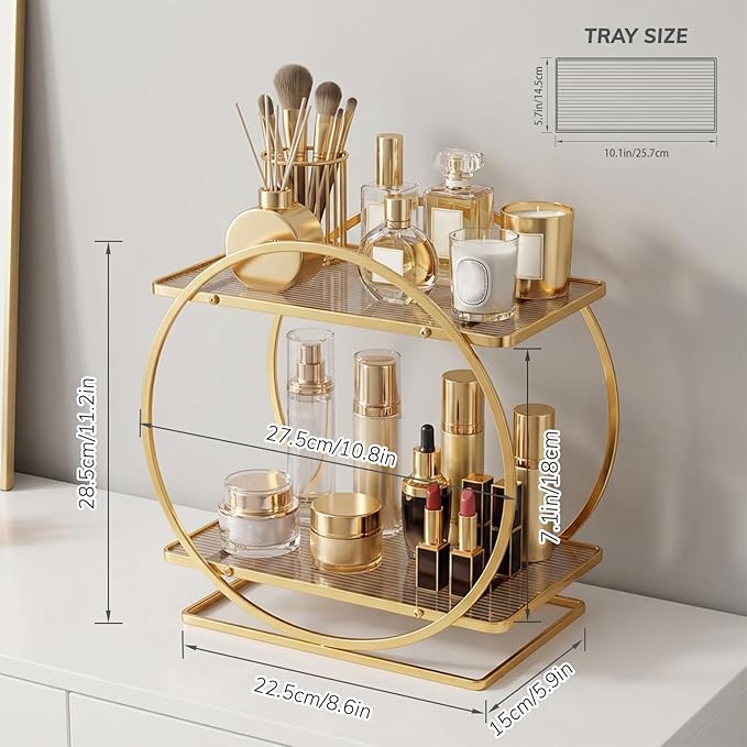 BO2703 2 Tier Bathroom Organizer, Perfume Organizer for Dresser, Gold