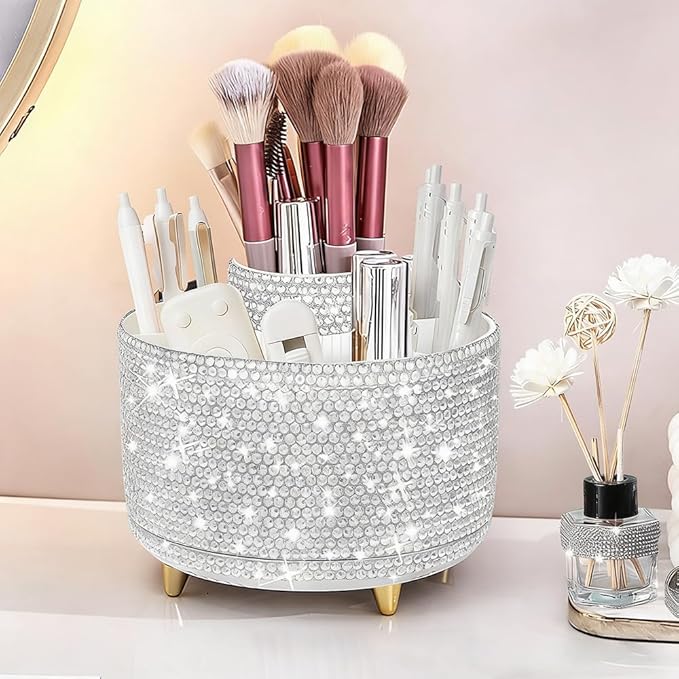 Bling Makeup Brush Holder,360° Rotating Makeup Brush Organizer,5 Slot Make up Brushes Cup for Cosmetics,Large Capacity,For Nail Polish, Art Supply, Bathroom Vanity,Cosmetics Organizer,Diamond White