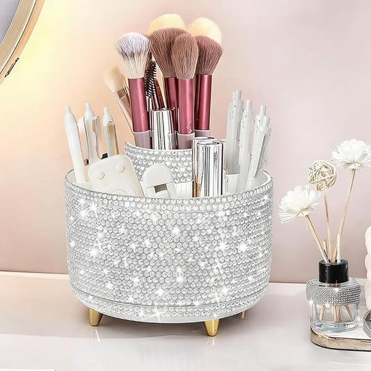 Bling Makeup Brush Holder,360° Rotating Makeup Brush Organizer,5 Slot Make up Brushes Cup for Cosmetics,Large Capacity,For Nail Polish, Art Supply, Bathroom Vanity,Cosmetics Organizer,Diamond White