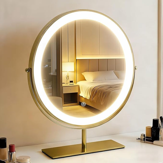 15.8-inch Round Makeup Mirror with Lights, 360° Rotating LED Three-Color Lights with Adjustable Brightness. Desktop Vanity Mirror (Gold).