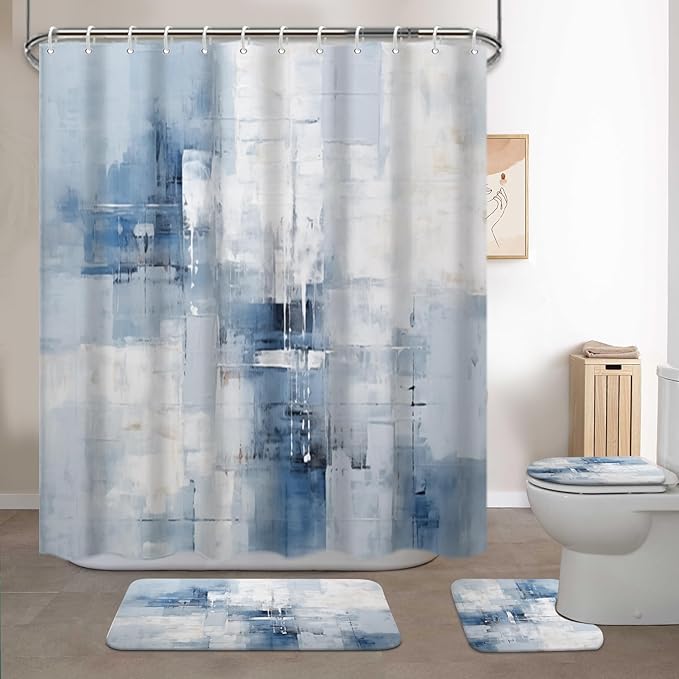 Lnond 4Pcs Bathroom Shower Curtain Sets with Rugs,Blue Grey Watercolor Painting Art Bathroom Sets with Shower Curtain and Rugs and Accessories