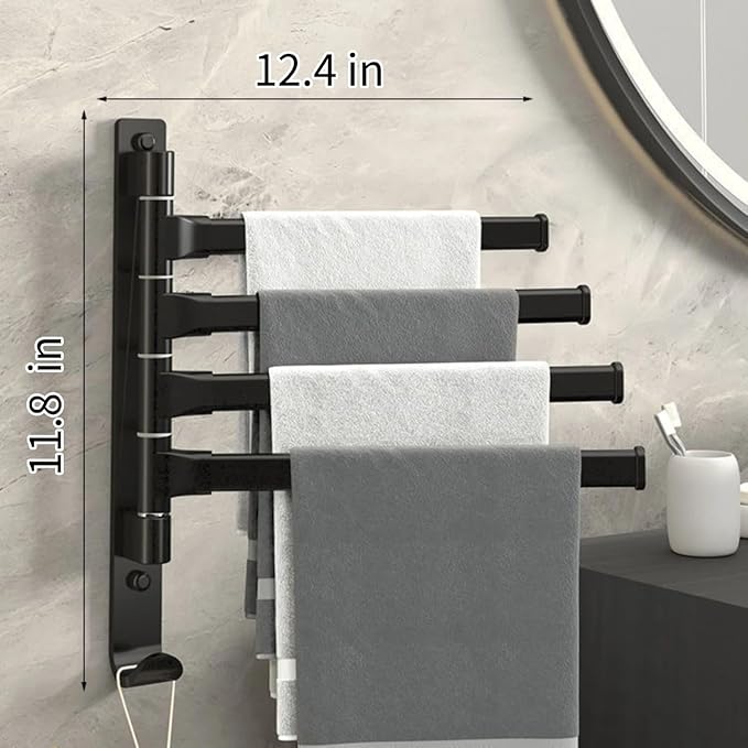 2-5 Arms Swivel Towel Rack Bath Towel Holder with Hook Swing Arm Towel Rack Wall Mount for Bathroom Kitchen-Black 4Arm