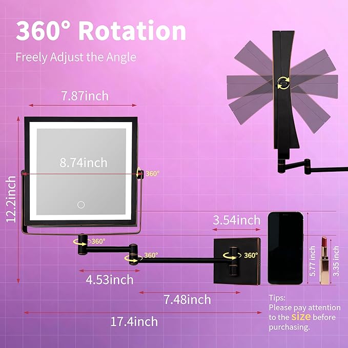 Wall Mounted Lighted Makeup Mirror, Rechargeable Double-Sided 1X/10X Magnifying Mirror with Light, Touch Dimmable 3 Color Lights, 360° Rotation Extendable Arm (Oil Rubbed Bronze)