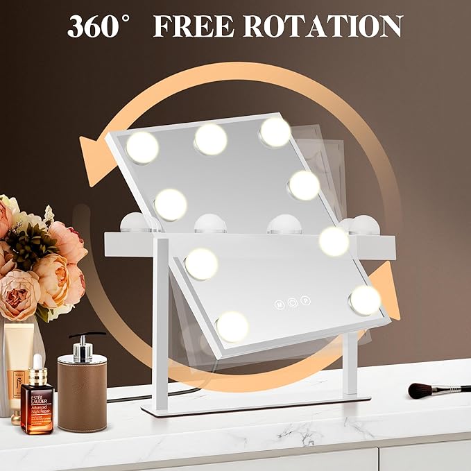 Magnifying Makeup Mirror Hollywood Vanity Mirror with Lights, 3 colors light, Smart Touch Control, brightness adjustable, 360°Rotation with Detachable 40X Small Magnification Mirror (14“L x 12“W)