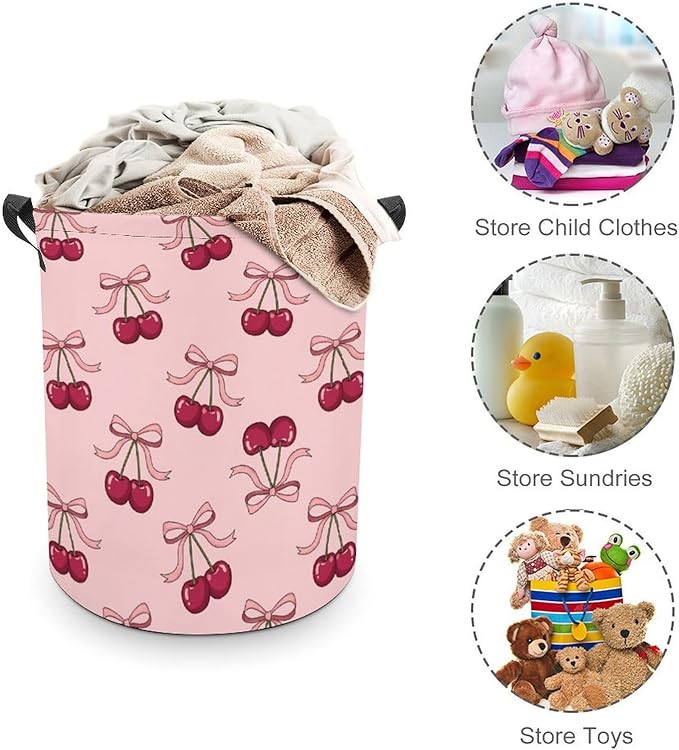 Pink Laundry Basket Cherry Decor Bow Laundry Hamper Clothes Toy Storage Bin for Bedroom Bathroom