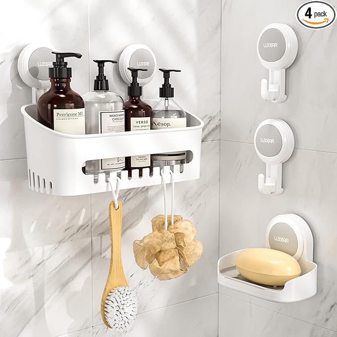 LUXEAR 4 Pack Shower Caddy Set - Suction Cup Shower Shelf+Soap Dish+Hooks - 1 Sec Installation NO-Drill Removable Powerful Waterproof Organizer for Bathroom/Kitchen/RV 22LBS Capacity Removable