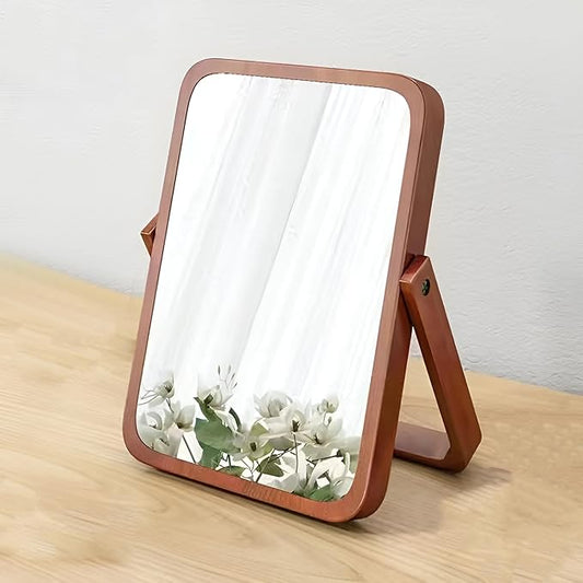 Wooden Desktop Makeup Mirror, Rectangular Tabletop Vanity Mirror with 360° Rotation, Portable High-Definition Single-Sided Cosmetic Mirror for Dressing Table, Bedroom & Bathroom (Walnut Wood)