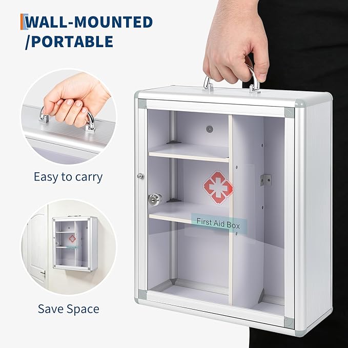 Garvee Large Lockable Medicine Cabinet with Handle,Protable First Aid Cabinet Wall Mount with Sticker for Bathroom,13.78"×5.51"×16.53",Sliver