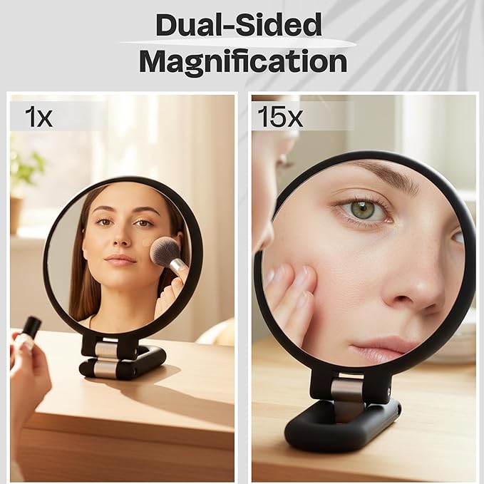 Danielle Creations 3-in-1 Folding Hand Held Compact Travel Makeup Mirror, 15x Magnification, Black