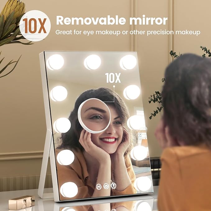 Hollywood Vanity Mirror, 11"x 14" Hollywood Lighted Makeup Mirror with Detachable 10X Magnification & 11Dimmable 3 Colors Modes LED Bulbs, Touch Control,Type-C Charging Port, White