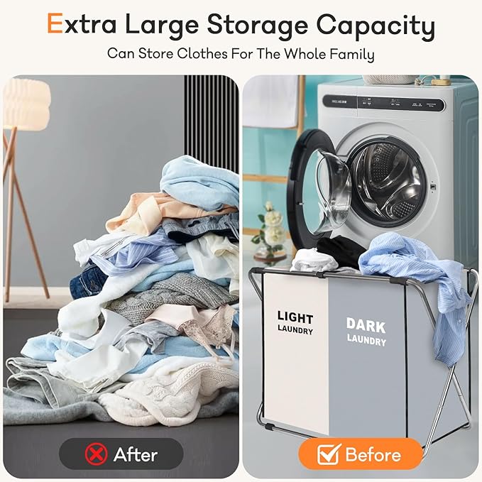 Laundry Cloth Hamper Sorter Basket Bin Foldable 2 Sections with stainless steel Frame Washing Storage Dirty Clothes Bag for Bathroom Bedroom Home Storage Basket (White+gray, 2 Sections)