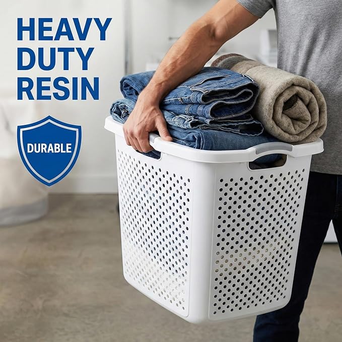 Extra Large 2.5 Bushel Plastic Laundry Hamper Basket - Tall Ventilated Clothes Bin with 4-Way Easy-Grip Handles, Heavy Duty Washing Storage for Bedroom, Bathroom, and Dorm Organization, White