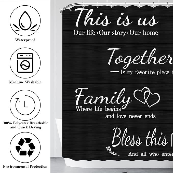 juwute 4Pcs Family Shower Curtain Sets with Non-Slip Rugs, Toilet Lid Cover and Bath Mat, Black Home Bathroom Decor Set Accessories Waterproof Shower Curtains with 12 Hooks, 72 x 72 Inch