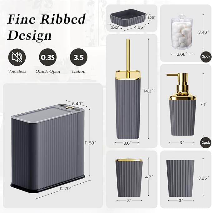 XLHOMO 9-Piece Dark Gray Bathroom Accessories Set - Durable & Sleek Kit with Slim Narrow Trash Can, Toilet Brush & Soap Dispensers - Space-Saving Modern Bathroom Decor