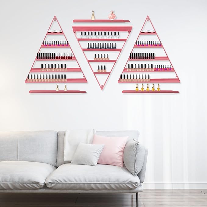6PCS Triangular Wall-Mounted Nail Polish Racks, Pink 5-Tier Nail Polish Shelves, Heavy-Duty Cosmetic Display Cases with Raised Edges for Nail Salon, Home, Shop Use