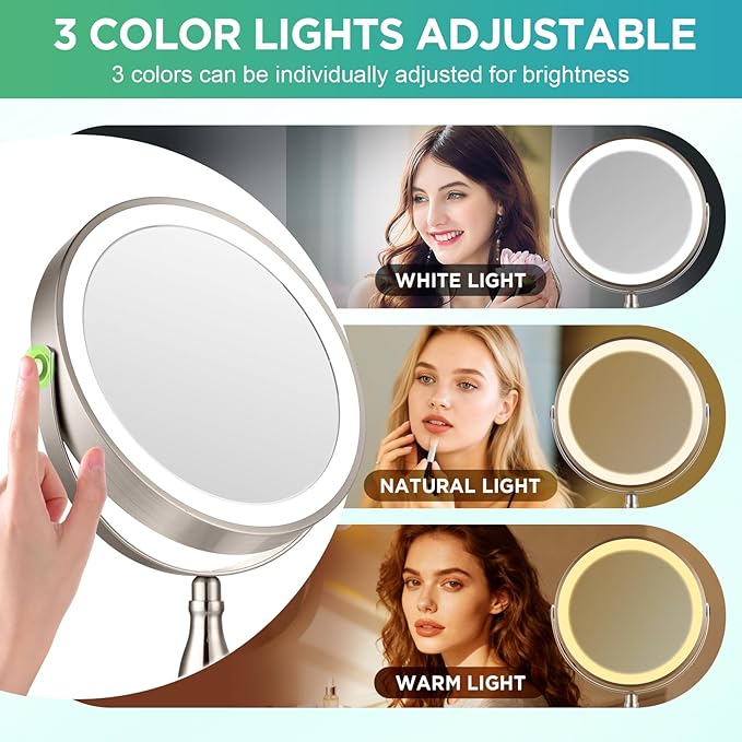20x Magnifying Mirror with Light, 5000mAh Lighted Makeup Mirror with 3 Color Modes and Adjustable Brightness, Side Charging Port & SideTouch Sensor, 360° Rotation -Brushed Nickel