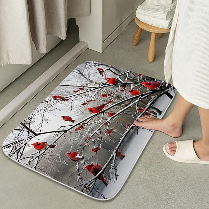 Funny Cardinal Birds on Branch Coral Velvet Bathroom Rugs and Mats Sets 3 Piece, Memory Foam Bath Mat, U-Shaped Contour Shower Mat Non Slip Absorbent, Velvet Washable 20 x 31 inch