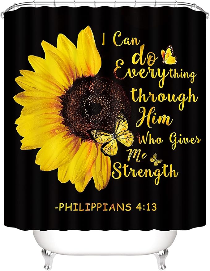 AZHM 4pcs Sunflower Shower Curtain Set Inspirational Quotes Flower Bathroom Decor with Rugs Bathroom Accessories Set Bathroom Curtain Shower with 12 Hooks