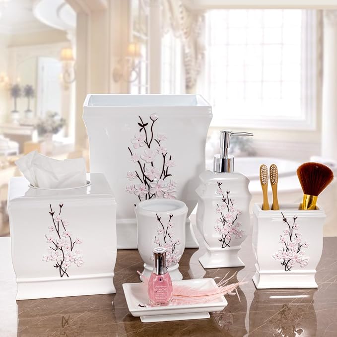 Creative Scents Vanda Square Tissue Box Cover – White & Pink Cherry Blossom Floral Decor – Decorative Resin Tissue Holder for Bathroom Vanities & Nightstands – Durable Bottom Slider