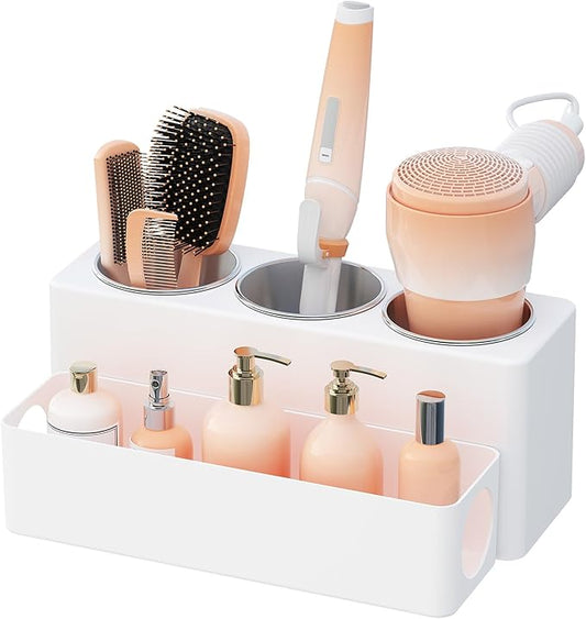 Lifewit Hair Tool Organizer Countertop, Removable Blow Dryer Holder for Bathroom, Acrylic Hot Tools Organizer Storage for Curling Iron, Brush, Straightener, 3 Stainless Cups, White, 30 cm/12 inch(L)