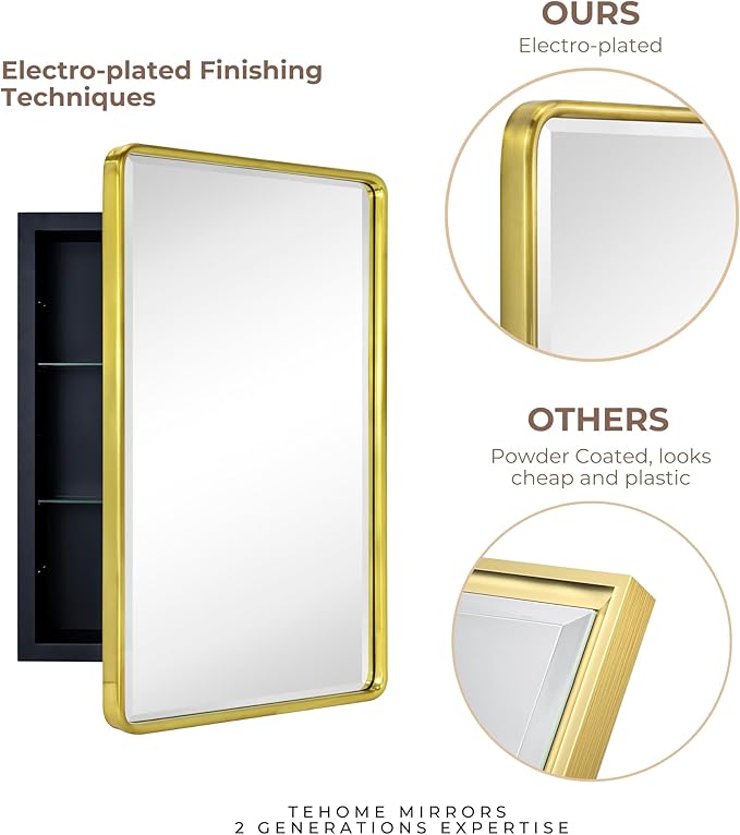 TEHOME Surface Mount 16x24 Brushed Gold Bathroom Medicine Cabinet with Mirror Gold Metal Framed Rounded Rectangle Medicine Cabinet with Beveled Mirror