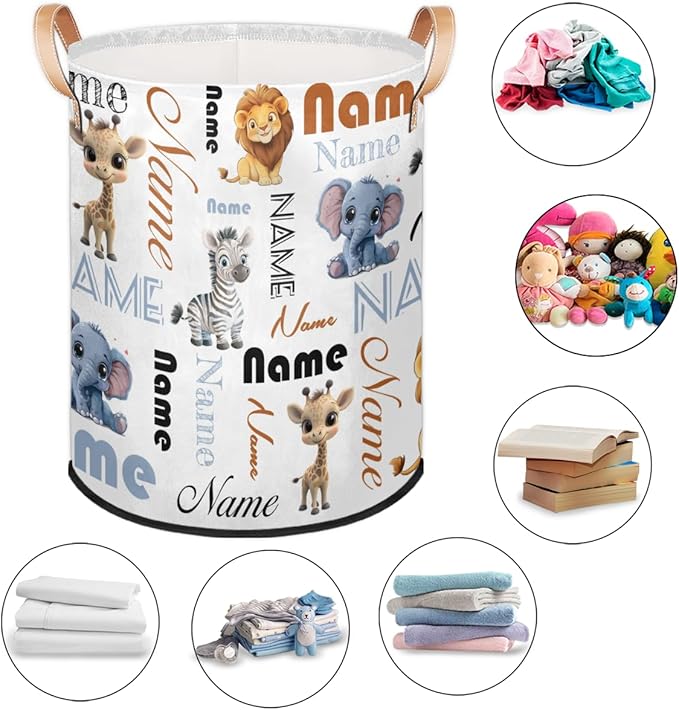 Custom Elephant Zebra Giraffe Lion Laundry Hamper, Personalized Laundry Baskets with Handles Dirty Clothes Hamper Storage Basket