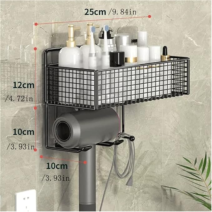 Bathroom Shelves Toilet Storage Rack Single Layer Metal toiletries Storage Rack with hairdryer Rack Wall Mounted Metal Seasoning Storage Rack No Punching Wall Mounted Shelf(Black)