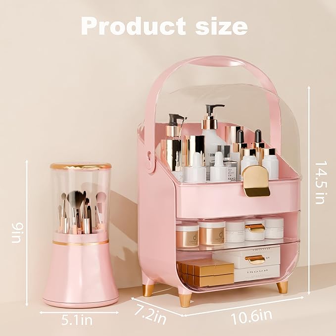 Makeup Organizer Countertop With Lid And Drawers Large Skin Care Cosmetic Display Case Holder for Vanity Desk Bathroom Storage Box,Pink With Brush Holder
