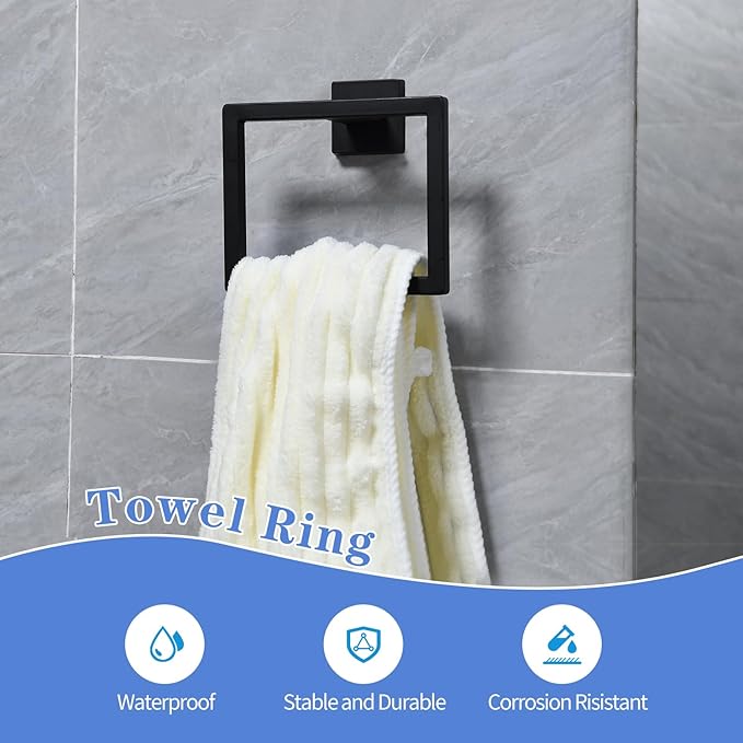10pcs Bathroom Hardware Set, 16in Towel Bar Set, Including Square Towel Bar Square Towel Ring Toilet Paper Holder Towel Hooks, Set SUS304 Stainless Steel, Wall Mounted