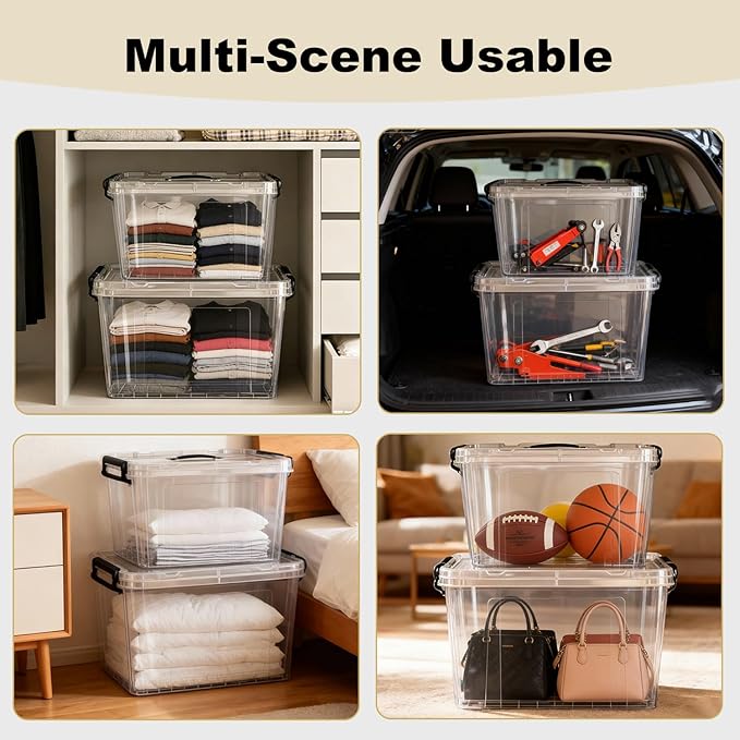 4 Pack 90 Qt Clear Large Storage Bins with Lids, Stackable Plastic Organizer for Home, Office, Garage, BPA-Free, Heavy-Duty, See-Through Containers with Secure Latches & Handles