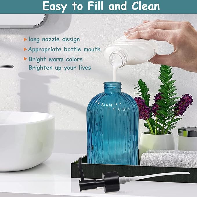 YYTSGG Blue Glass Soap Dispenser Set with Black Pump, 13.5oz Refillable Liquid Hand Soap Dispenser, Lotion Dish Soap Dispenser for Modern Home Decor, Kitchen Countertop, Bathroom, Hotel(2 Pack)