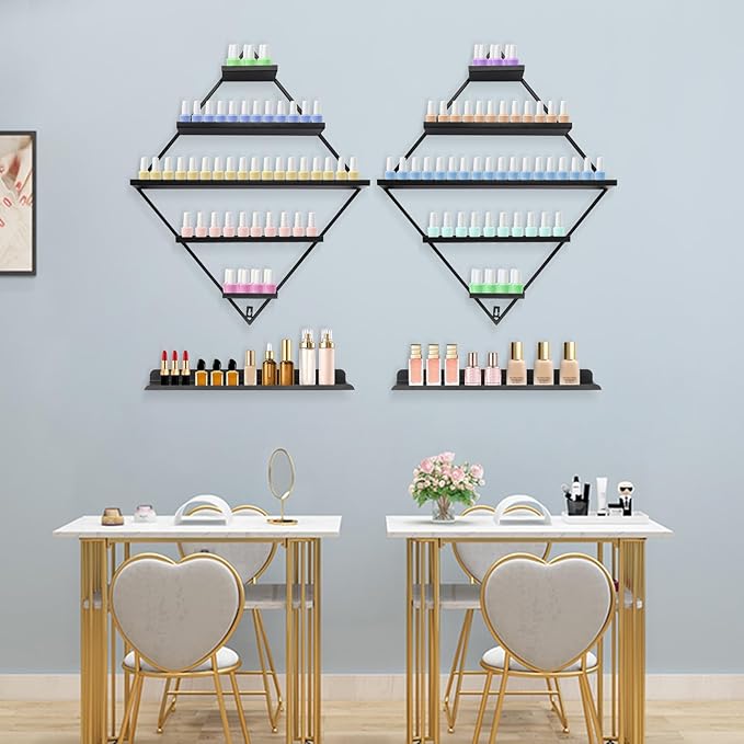 Wall-Mounted Nail Polish Rack, Set of 4 Rhombus Black Nail Polish Shelf Lipstick Perfume Cosmetic Display Shelf for Home Spa Nail Salon Shop