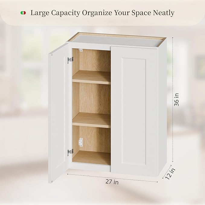 Kisart Laundry Room Cabinets Wall Mounted with Doors & Shelves, Solid Wood RTA Medicine Storage Cabinet, 27Wx36Hx12D Inch White Shaker Hanging Cupboard, Space-Saving for Kitchen, Bathroom, Garage