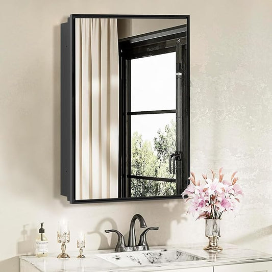 Bathroom Medicine Cabinet with Mirror, Recess or Surface Mount, Single Door Cabinet Famerhouse Bathroom Mirror with Storage Cabinet (Brush Black, 16"x26")