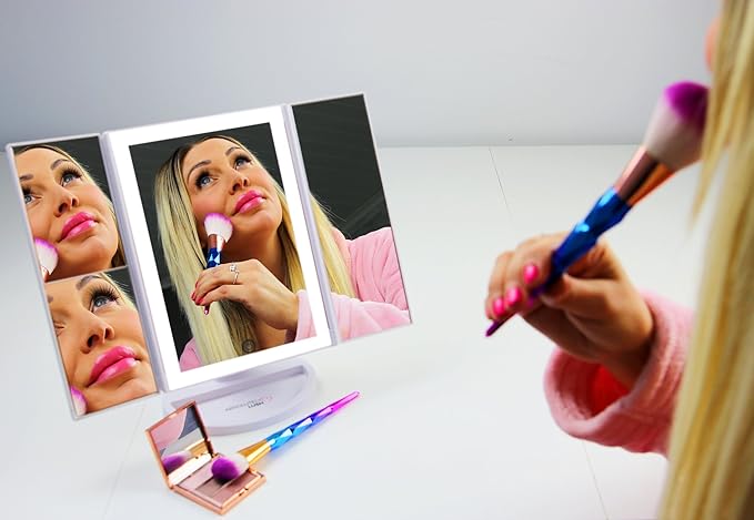 Luvly Trifold Vanity Mirror with LED Lights | Touch Screen Dimming - 1x 2X 3X Magnification - Portable Makeup Mirror