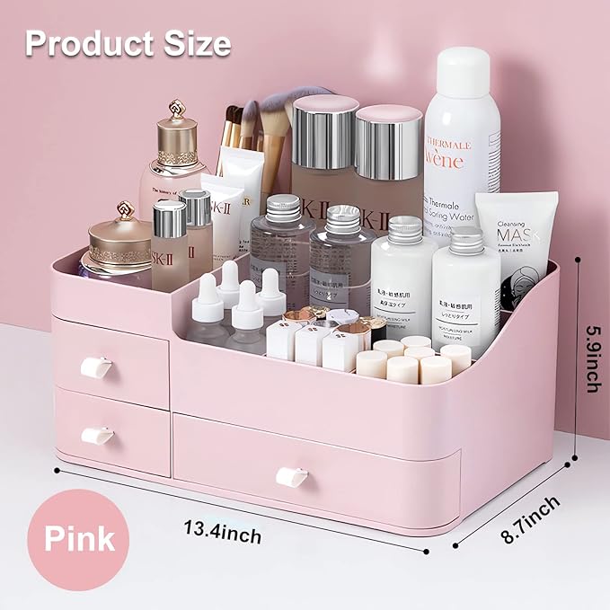 Makeup Organizer for Vanity, Large Countertop Organizer with Drawers, Cosmetics Storage for Cosmetics, Lipsticks, Jewelry, Nail Care, Skincare, Ideal for Bedroom and Bathroom Countertops (Pink)