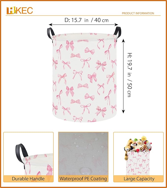 19.7" Laundry Basket,Dirty Clothes Hamper,Waterproof Storage Bin,Room Decor,Gift Baskets,Nursery Hamper(Pink Bowknot)