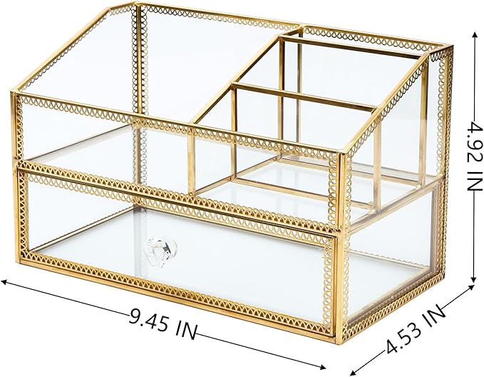 Vintage Gold Makeup Organizer - Glass Makeup Organizer Countertop Organizer for Make-Up Brushes Vanity, Tabletop Organizer Display Case for Bathroom, Vanity, Drawers GJB002