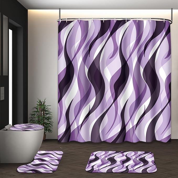 Purple Shower Curtain Set with Toilet Lid Cover and Non-Slip Rugs for Bathroom, Geometric Lines Ombre 4 Pcs Shower Curtain, Simple Abstract Modern Bathroom Set with 12 Hooks