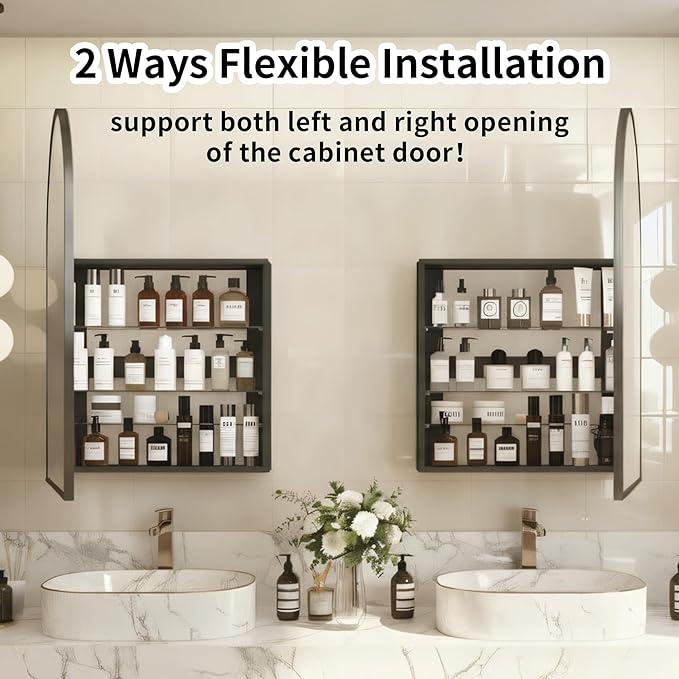 FKWin Black Medicine Cabinet for Left or Right Opening, Wall Mounted Bathroom Cabinet with Mirror not Recessed, Modern Bathroom Mirror with Storage, Black, 24x36 inch