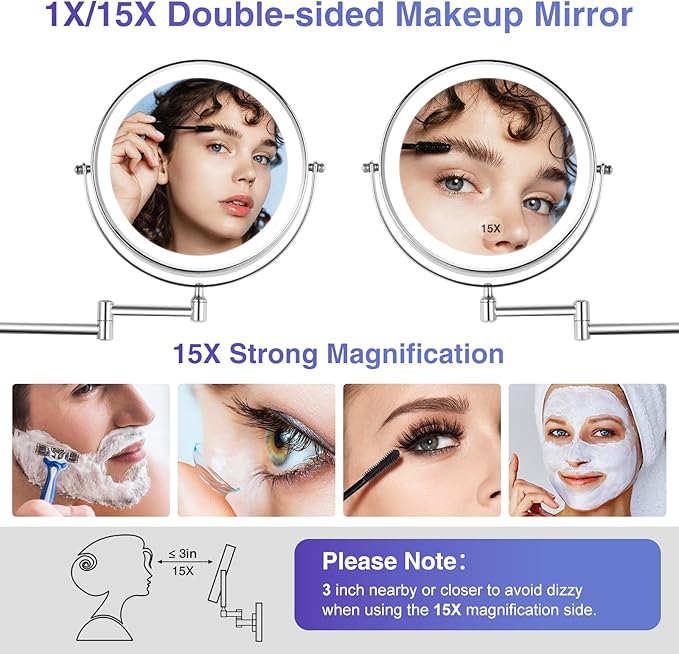 GREENFROM Wall Mounted Lighted Makeup Mirror: 8.5 Inch Double Sided Makeup Mirror with 1X/15X Magnification for Vanity, Bathroom, and Shaving - Chrome