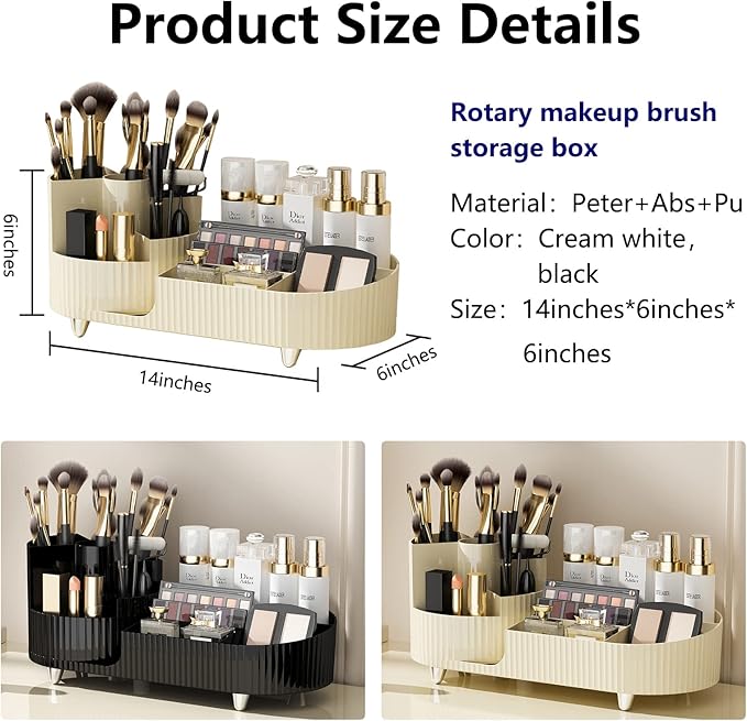 DASITON Large Capacity Makeup Brush Holder,360° Rotating Makeup Organizer,9 Slot Makeup Brushes Cup,for Vanity Decor,Bathroom Countertops,Desk Storage Container,Cosmetic Display cases(Cream-L)