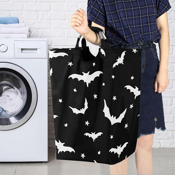 CaTaKu Bats Star Black Baby Laundry Baskets Collapsible, Large Tall Clothes Hampers for Kids Laundry Room Organizer Foldable Storage Bins with Handles