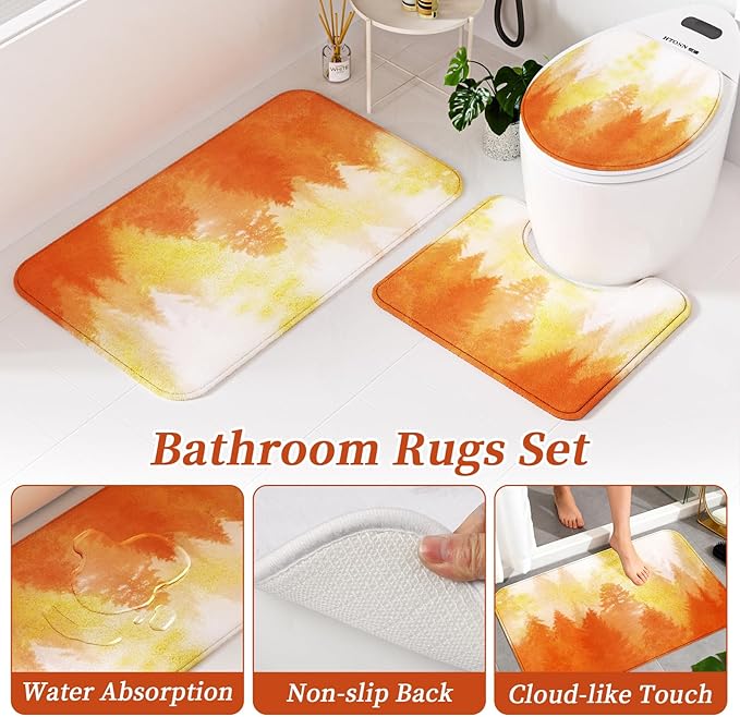 Orange and Gold Bathroom Accessories, Bathroom Sets with Shower Curtain and Rugs, Bath Rugs Accessory Set with Bathroom Trash Can, Soap Dispenser, Soap Dish for Home Decor