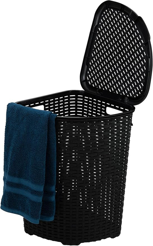 Plastic Corner Laundry Hamper with Lid, Curved Designed Laundry Basket, Triangle Black Cloths Hamper Organizer with Cut-out Handles for Laundry Room Bedroom Bathroom, Wicker Design, 50 Liter