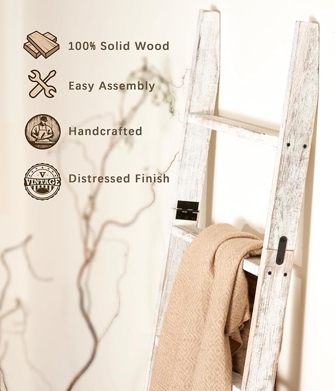 Blanket Ladder for The Living Room 6-Tier, Wooden Decorative Quilt Holder for Bed Room, Wall-Leaning Towel Rack for Bathroom，Rustic Farmhouse Ladders for Display. (White Wash)