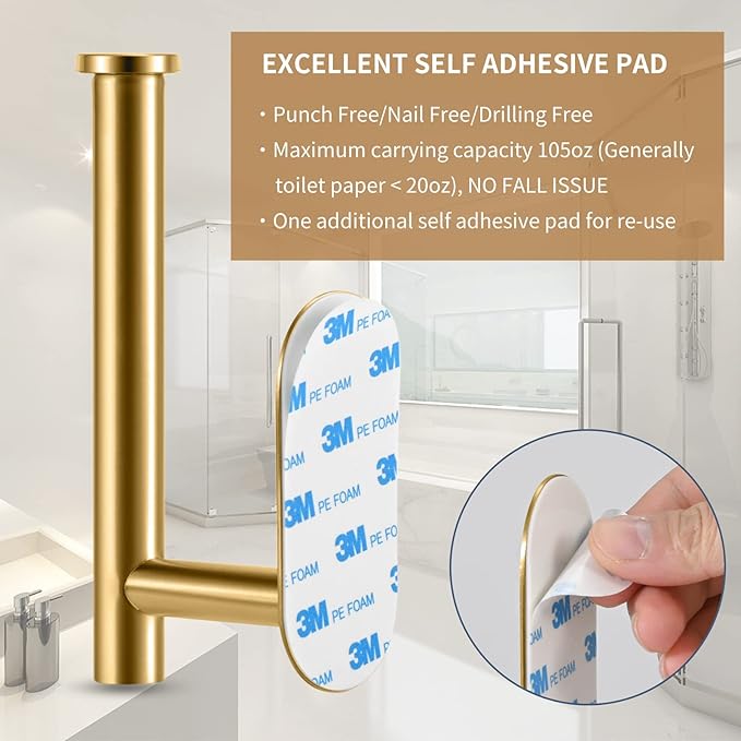 LAYUKI Toilet Paper Holder,Gold,Wall Mount, Upgraded Adhesive Toilet Roll Holder,no Drilling,Bathroom/Rv/Washroom,SUS 304 Stainless Steel,Rustproof (Gold, 1 Piece)